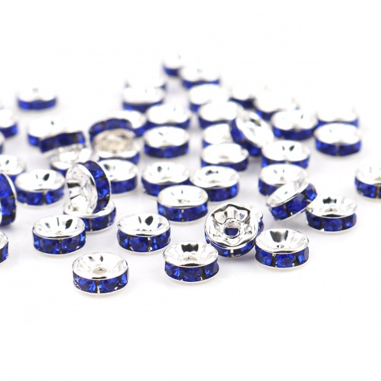 Picture of Zinc Based Alloy & Glass Spacer Rondelle Beads Round Silver Plated Royal Blue Rhinestone About 4mm Dia., Hole: Approx 1mm, 100 PCs