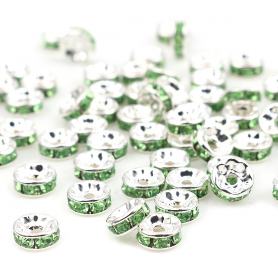 Picture of Zinc Based Alloy & Glass Spacer Rondelle Beads Round Silver Plated Green Rhinestone About 4mm Dia., Hole: Approx 1mm, 100 PCs