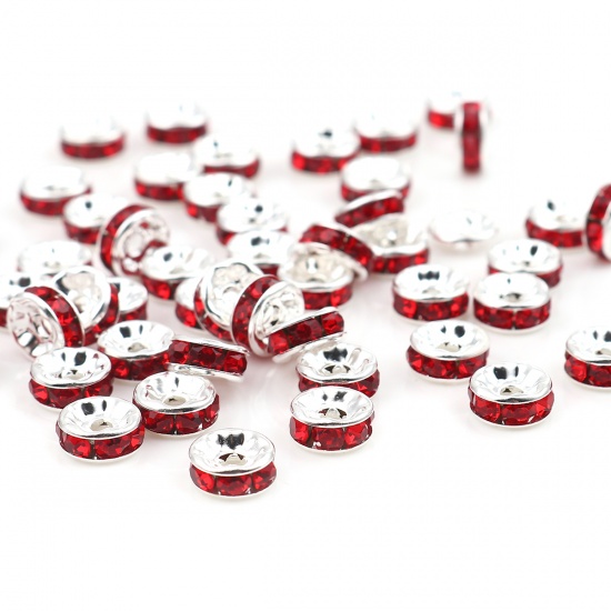 Picture of Zinc Based Alloy & Glass Spacer Rondelle Beads Round Silver Plated Red Rhinestone About 4mm Dia., Hole: Approx 1mm, 100 PCs