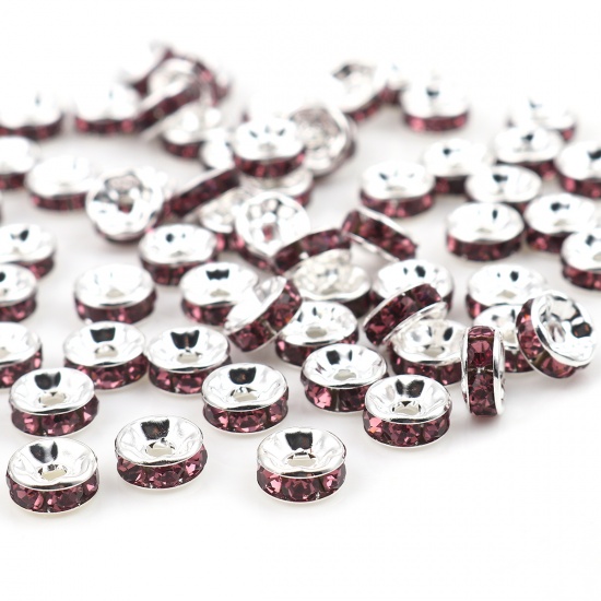 Picture of Zinc Based Alloy & Glass Spacer Rondelle Beads Round Silver Plated Fuchsia Rhinestone About 6mm Dia., Hole: Approx 1.5mm, 100 PCs