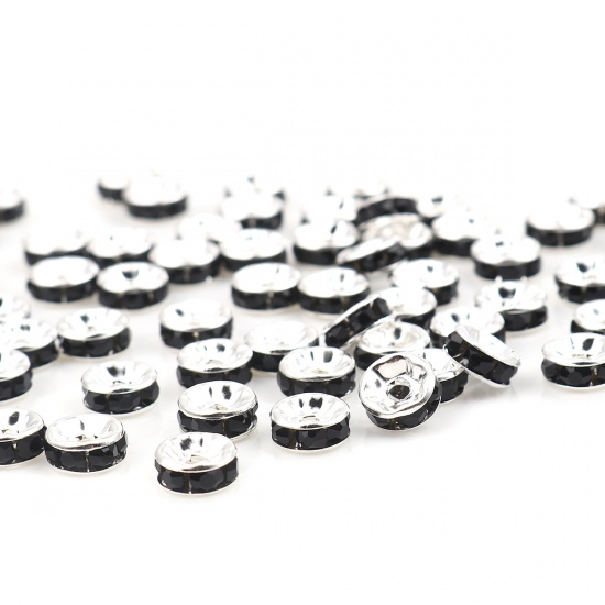 Picture of Zinc Based Alloy & Glass Spacer Rondelle Beads Round Silver Plated Black Rhinestone About 6mm Dia., Hole: Approx 1.5mm, 100 PCs