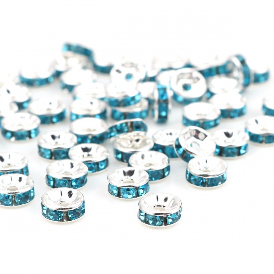 Picture of Zinc Based Alloy & Glass Spacer Rondelle Beads Round Silver Plated Light Blue Rhinestone About 7mm Dia., Hole: Approx 1.8mm, 100 PCs