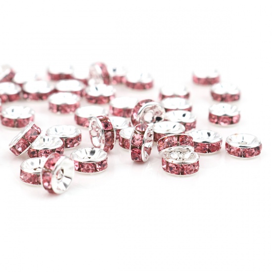 Picture of Zinc Based Alloy & Glass Spacer Rondelle Beads Round Silver Plated Pink Rhinestone About 7mm Dia., Hole: Approx 1.8mm, 100 PCs