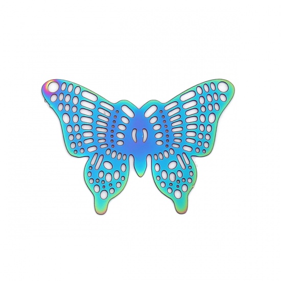 Picture of Stainless Steel Insect Connectors Butterfly Animal Purple & Blue Filigree Stamping 37mm x 26mm, 10 PCs
