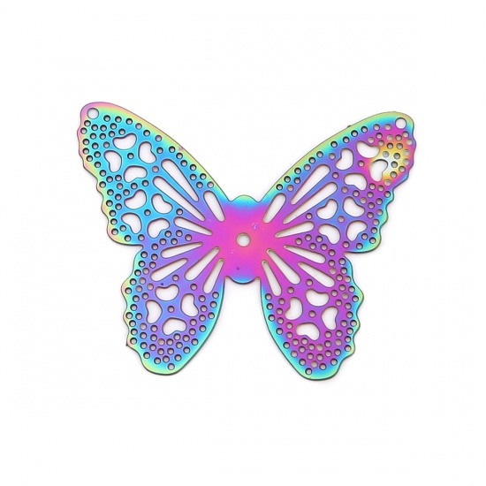 Bild von Edelstahl Insekt Verbinder Schmetterling Violett & Blau Filigran Stempel Verzierung 40mm x 32mm, 10 Stück