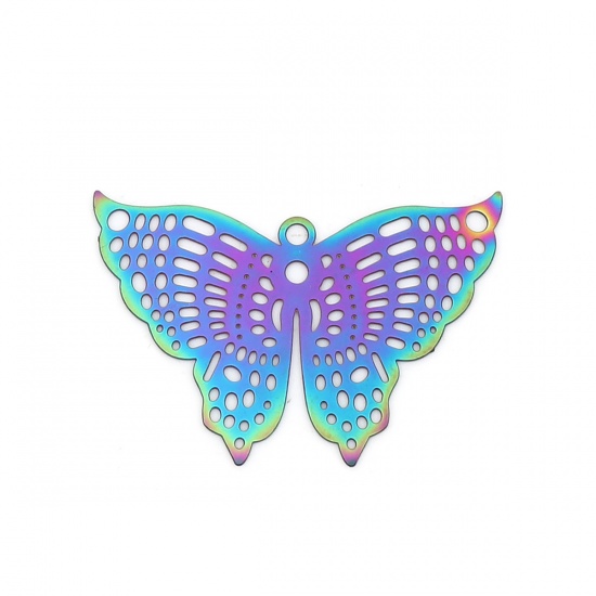 Picture of Stainless Steel Insect Pendants Butterfly Animal Purple & Blue Filigree Stamping 38mm x 26mm, 10 PCs