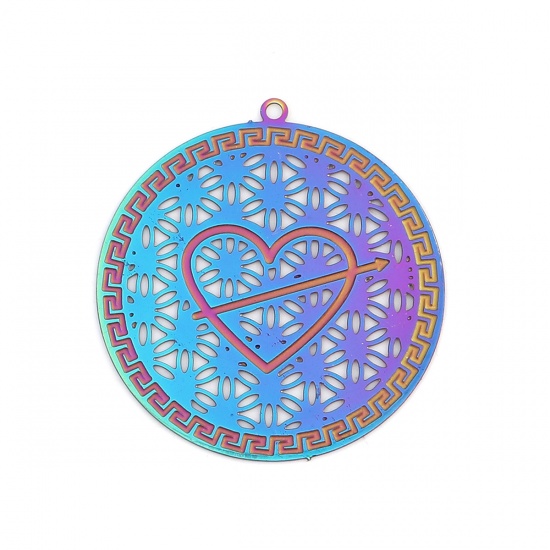 Picture of Stainless Steel Valentine's Day Pendants Round Purple & Blue Heart Filigree Stamping 32mm x 30mm, 10 PCs
