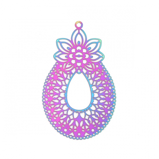 Picture of Stainless Steel Filigree Stamping Pendants Drop Purple & Blue Filigree 49mm x 30mm, 10 PCs