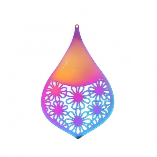Picture of Stainless Steel Filigree Stamping Pendants Drop Purple & Blue Filigree 75mm x 47mm, 10 PCs
