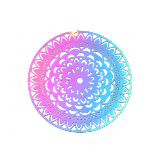 Picture of Stainless Steel Filigree Stamping Pendants Round Purple & Blue Filigree 47mm Dia., 10 PCs