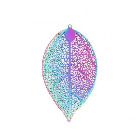 Picture of Stainless Steel Filigree Stamping Pendants Leaf Purple & Blue Filigree 60mm x 33mm, 10 PCs
