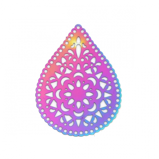 Picture of Stainless Steel Filigree Stamping Pendants Drop Purple & Blue Filigree 48mm x 35mm, 10 PCs