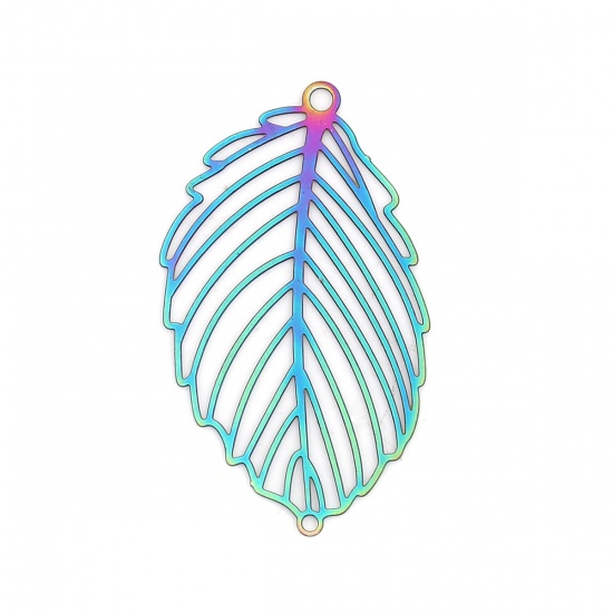 Picture of Stainless Steel Filigree Stamping Connectors Leaf Purple & Blue 37mm x 21mm, 10 PCs