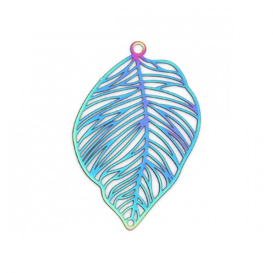 Picture of Stainless Steel Filigree Stamping Connectors Leaf Purple & Blue 37mm x 24mm, 10 PCs