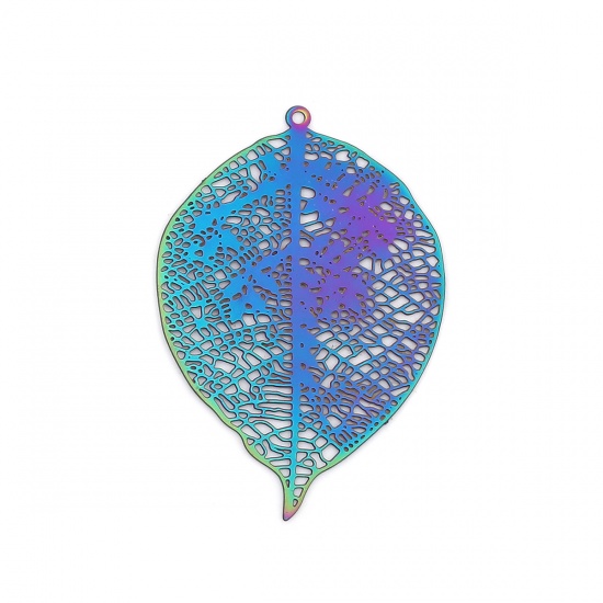 Picture of Stainless Steel Filigree Stamping Pendants Leaf Purple & Blue 43mm x 29mm, 10 PCs