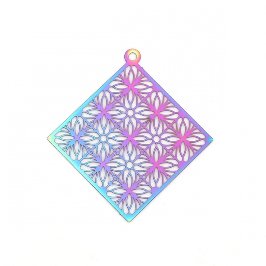 Picture of Stainless Steel Filigree Stamping Pendants Rhombus Purple & Blue Filigree 38mm x 36mm, 10 PCs