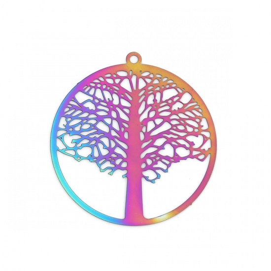 Picture of Stainless Steel Filigree Stamping Pendants Round Purple & Blue Tree of Life 43mm x 40mm, 10 PCs
