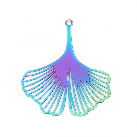 Picture of Stainless Steel Filigree Stamping Pendants Gingko Leaf Purple & Blue 40mm x 36mm, 10 PCs