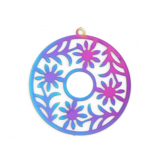 Picture of Stainless Steel Filigree Stamping Pendants Round Purple & Blue Flower Leaves 33mm x 30mm, 10 PCs
