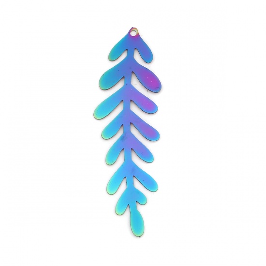 Picture of Stainless Steel Filigree Stamping Pendants Leaf Purple & Blue 51mm x 16mm, 10 PCs