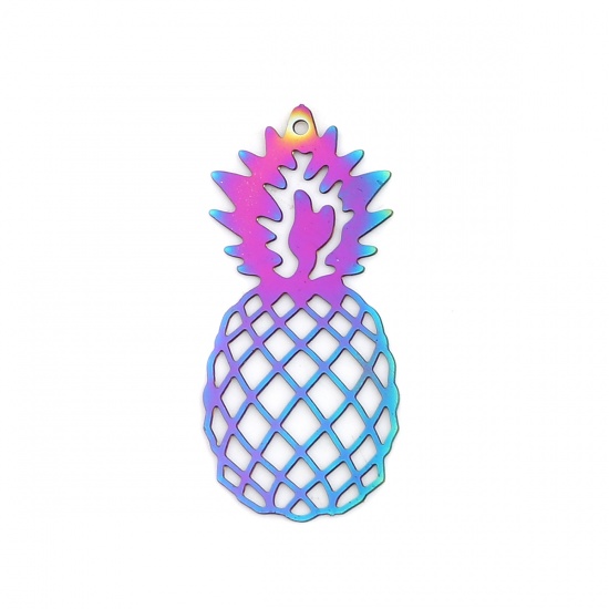 Picture of Stainless Steel Filigree Stamping Pendants Pineapple/ Ananas Fruit Purple & Blue 36mm x 16mm, 10 PCs
