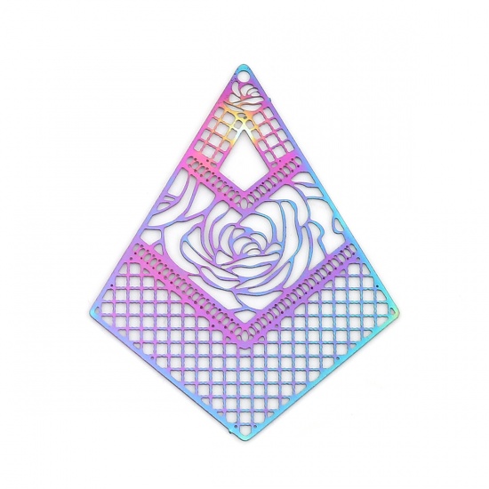 Immagine di Acciaio Inossidabile Filigree Stamping Ciondoli Geometrica Viola & Blu Fiore 45mm x 36mm, 10 Pz