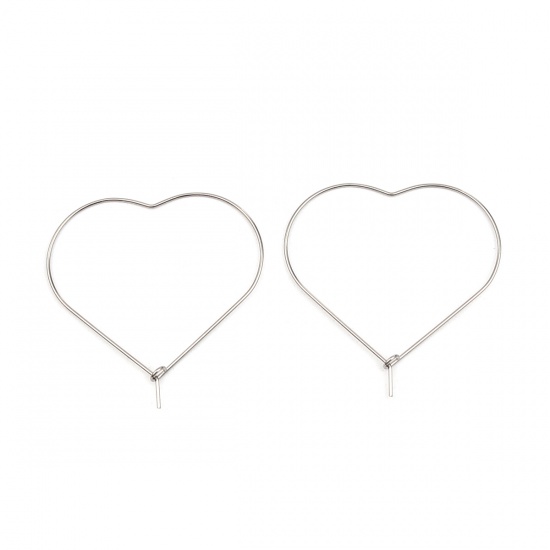 Изображение Stainless Steel Hoop Earrings Heart Silver Tone 40mm x 40mm, Post/ Wire Size: (21 gauge), 50 PCs