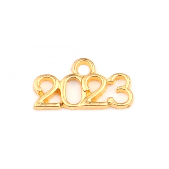 Picture of Zinc Based Alloy Year Charms Number Gold Plated Message " 2023 " 17mm x 9mm, 50 PCs