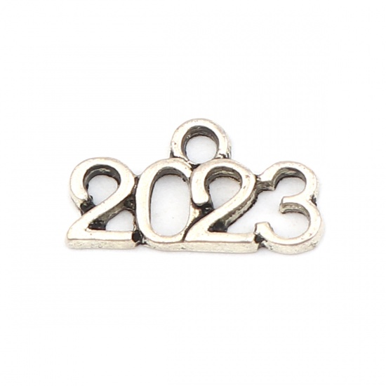 Picture of Zinc Based Alloy Year Charms Number Antique Silver Color Message " 2023 " 17mm x 9mm, 50 PCs