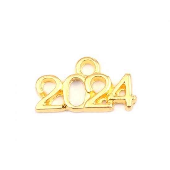 Picture of Zinc Based Alloy Year Charms Number Gold Plated Message " 2024 " 17mm x 9mm, 50 PCs