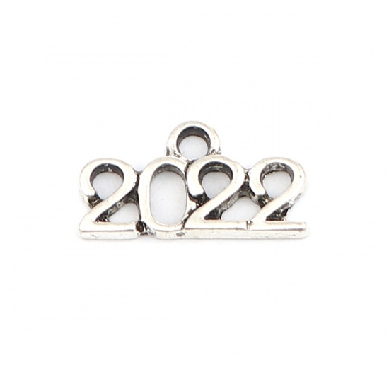 Picture of Zinc Based Alloy Year Charms Number Antique Silver Color Message " 2022 " 17mm x 9mm, 50 PCs