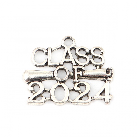 Picture of Zinc Based Alloy Year Charms Antique Silver Color Message " Class of 2024 " 25mm x 20mm, 20 PCs
