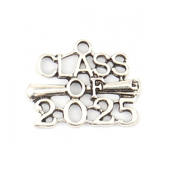 Picture of Zinc Based Alloy Year Charms Antique Silver Color Message " Class of 2025 " 25mm x 20mm, 20 PCs