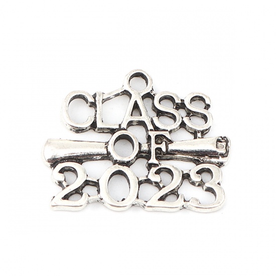 Picture of Zinc Based Alloy Year Charms Antique Silver Color Message " Class of 2023 " 25mm x 20mm, 20 PCs