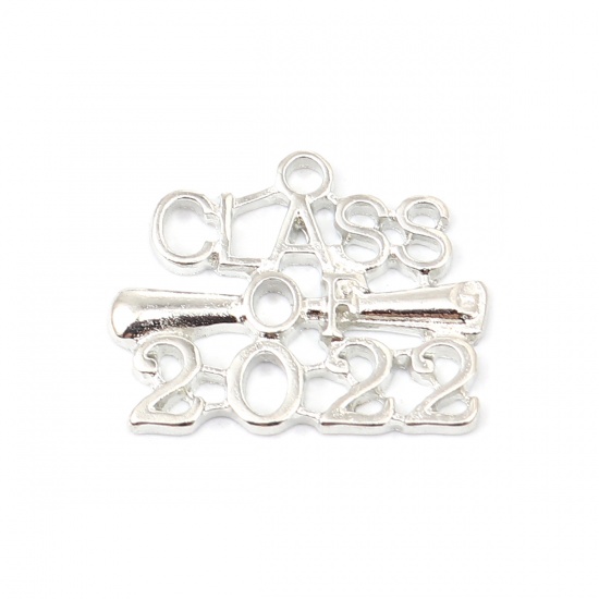 Picture of Zinc Based Alloy Year Charms Silver Tone Message " Class of 2022 " 25mm x 20mm, 20 PCs