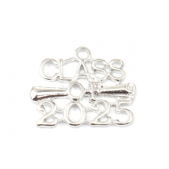 Picture of Zinc Based Alloy Year Charms Silver Tone Message " Class of 2025 " 25mm x 20mm, 20 PCs