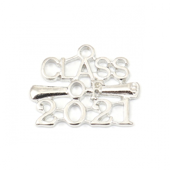 Picture of Zinc Based Alloy Year Charms Silver Tone Message " CLASS OF 2021 " 25mm x 20mm, 20 PCs