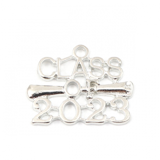 Picture of Zinc Based Alloy Year Charms Silver Tone Message " Class of 2023 " 25mm x 20mm, 20 PCs
