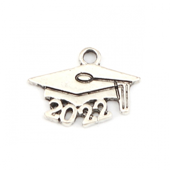 Picture of Zinc Based Alloy Year Charms Number Antique Silver Color Trencher Cap Message " 2022 " 19mm x 14mm, 20 PCs