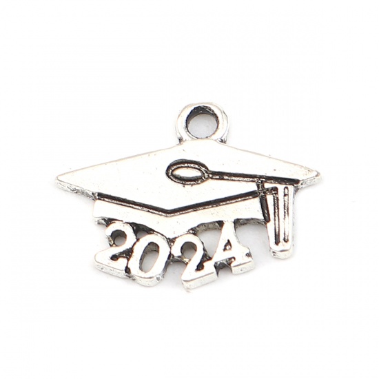 Picture of Zinc Based Alloy Year Charms Number Antique Silver Color Trencher Cap Message " 2024 " 19mm x 14mm, 20 PCs