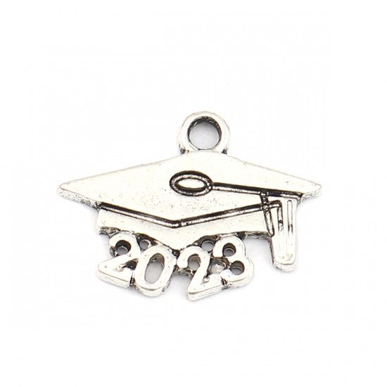 Picture of Zinc Based Alloy Year Charms Number Antique Silver Color Trencher Cap Message " 2023 " 19mm x 14mm, 20 PCs
