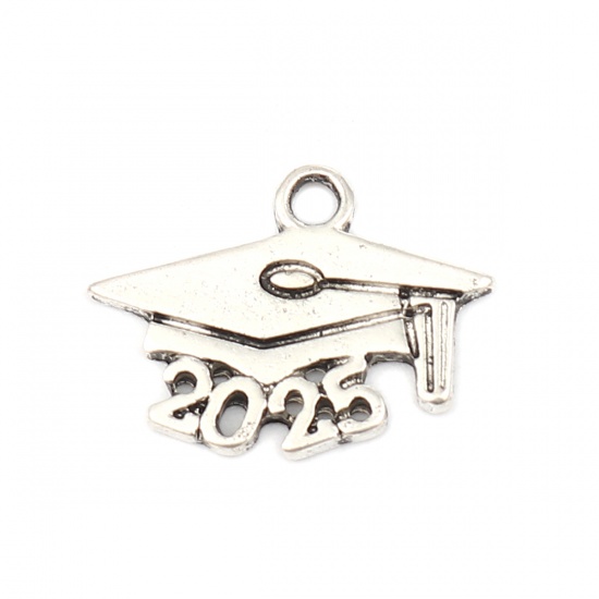 Picture of Zinc Based Alloy Year Charms Doctorial Hat Antique Silver Color Message " 2025 " 19mm x 14mm, 20 PCs