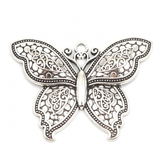 Picture of Zinc Based Alloy Insect Pendants Butterfly Animal Antique Silver Color 70mm x 52mm, 2 PCs