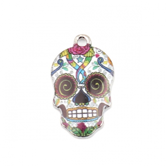 Picture of Zinc Based Alloy Halloween Charms Skull Silver Tone Multicolor Enamel 22mm x 13mm, 10 PCs