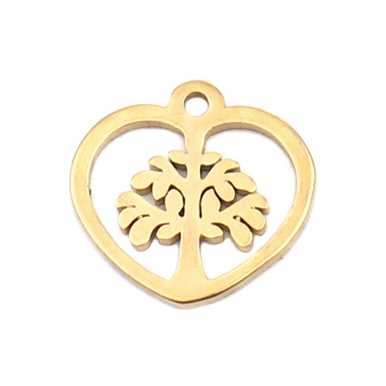 Immagine di 304 Stainless Steel Charms Heart Gold Plated Tree 10mm x 10mm, 10 PCs