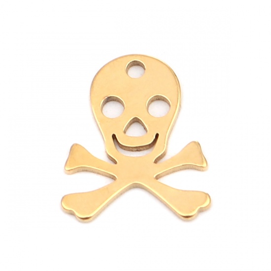 Picture of 304 Stainless Steel Halloween Charms Skull Gold Plated 15mm x 12mm, 10 PCs