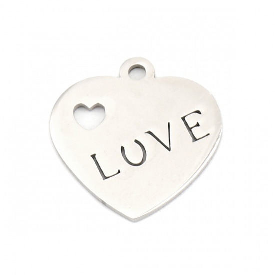 Immagine di 304 Stainless Steel Valentine's Day Charms Heart Silver Tone Message " LOVE " 16mm x 16mm, 10 PCs
