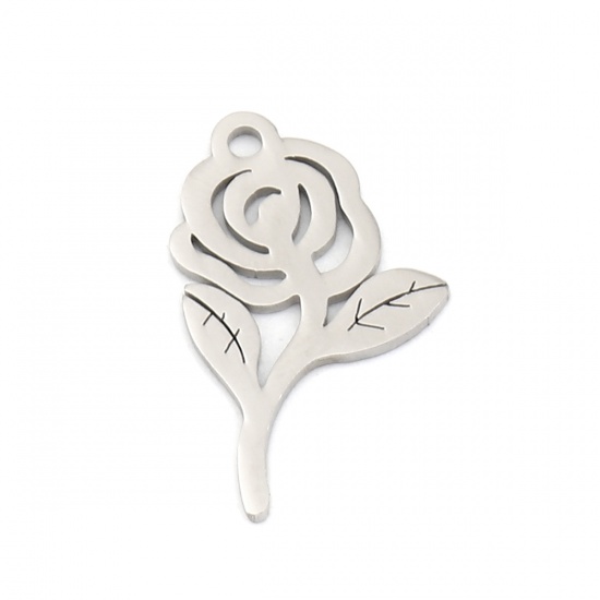 Immagine di 304 Stainless Steel Charms Rose Flower Silver Tone 20mm x 12mm, 10 PCs