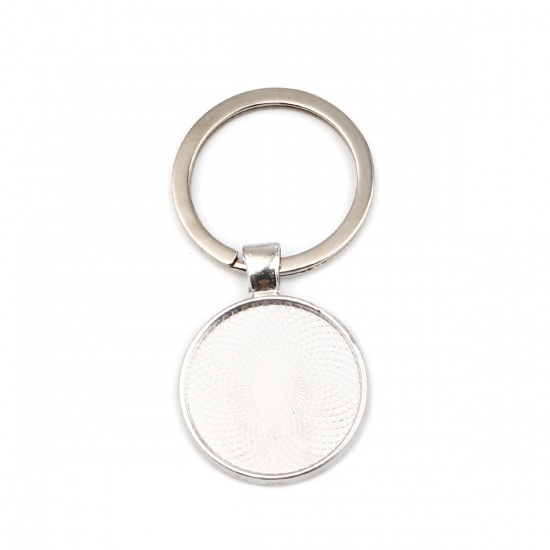 Picture of Zinc Based Alloy Keychain & Keyring Silver Tone Round Cabochon Settings (Fits 25mm Dia.) 60mm x 30mm, 5 PCs
