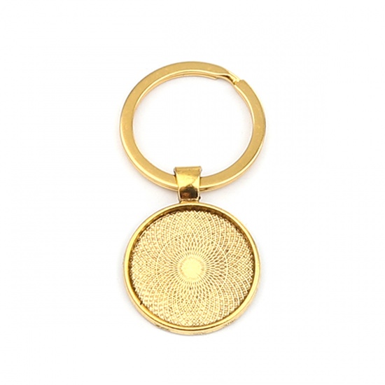 Picture of Zinc Based Alloy Keychain & Keyring Gold Tone Antique Gold Round Cabochon Settings (Fits 25mm Dia.) 60mm x 30mm, 5 PCs